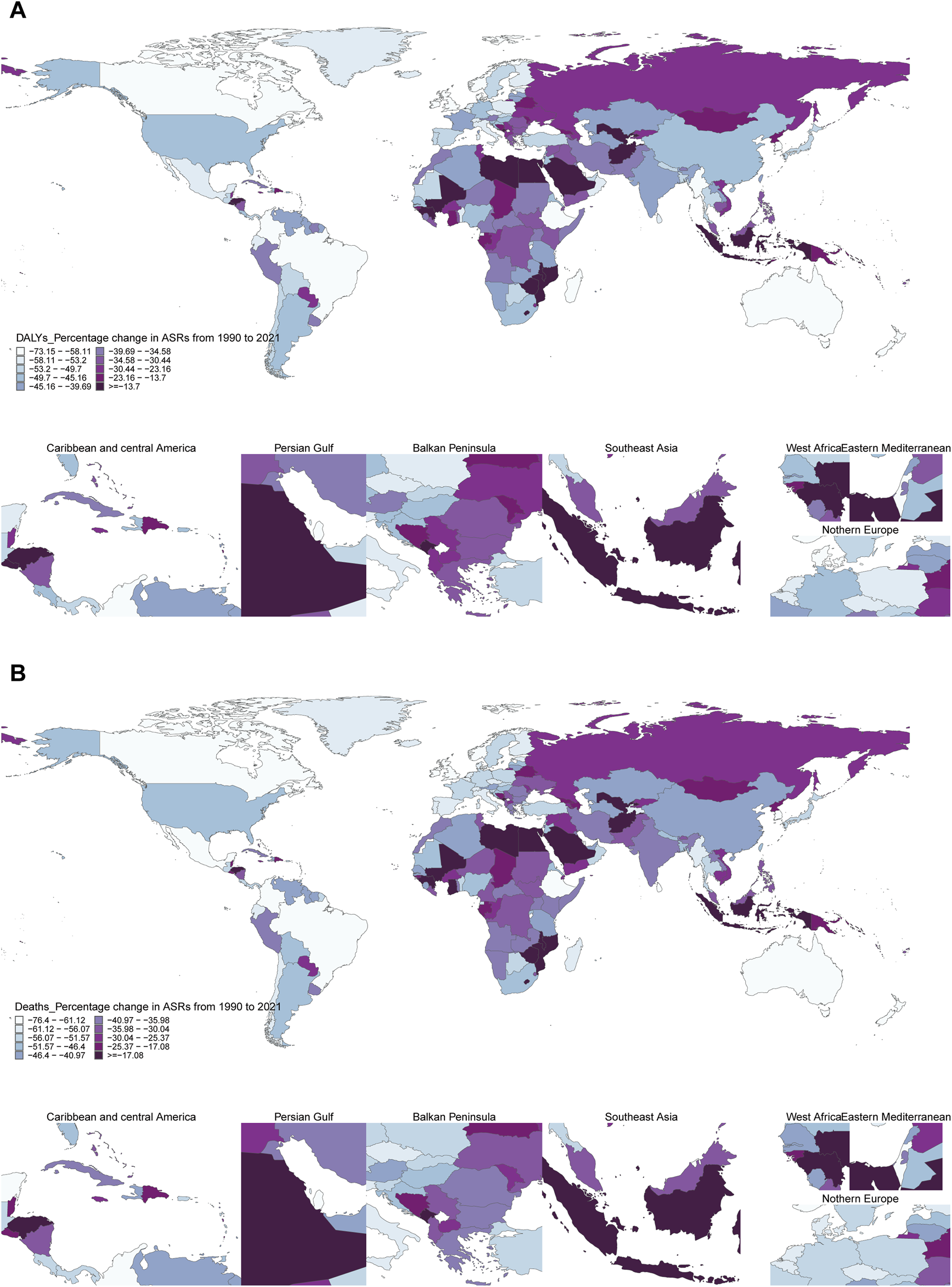 Map pair depicting percentage change in age-standardized rates (ASRs) from 1990 to 2021. Map A shows changes in disability-adjusted life years (DALYs), with variations across countries in shades of purple and blue. Map B illustrates changes in death rates, also using a purple-blue gradient. Insets provide detailed views for specific regions, including the Caribbean, Persian Gulf, Balkans, Southeast Asia, West Africa, Eastern Mediterranean, and Northern Europe. A color legend indicates percentage change categories.