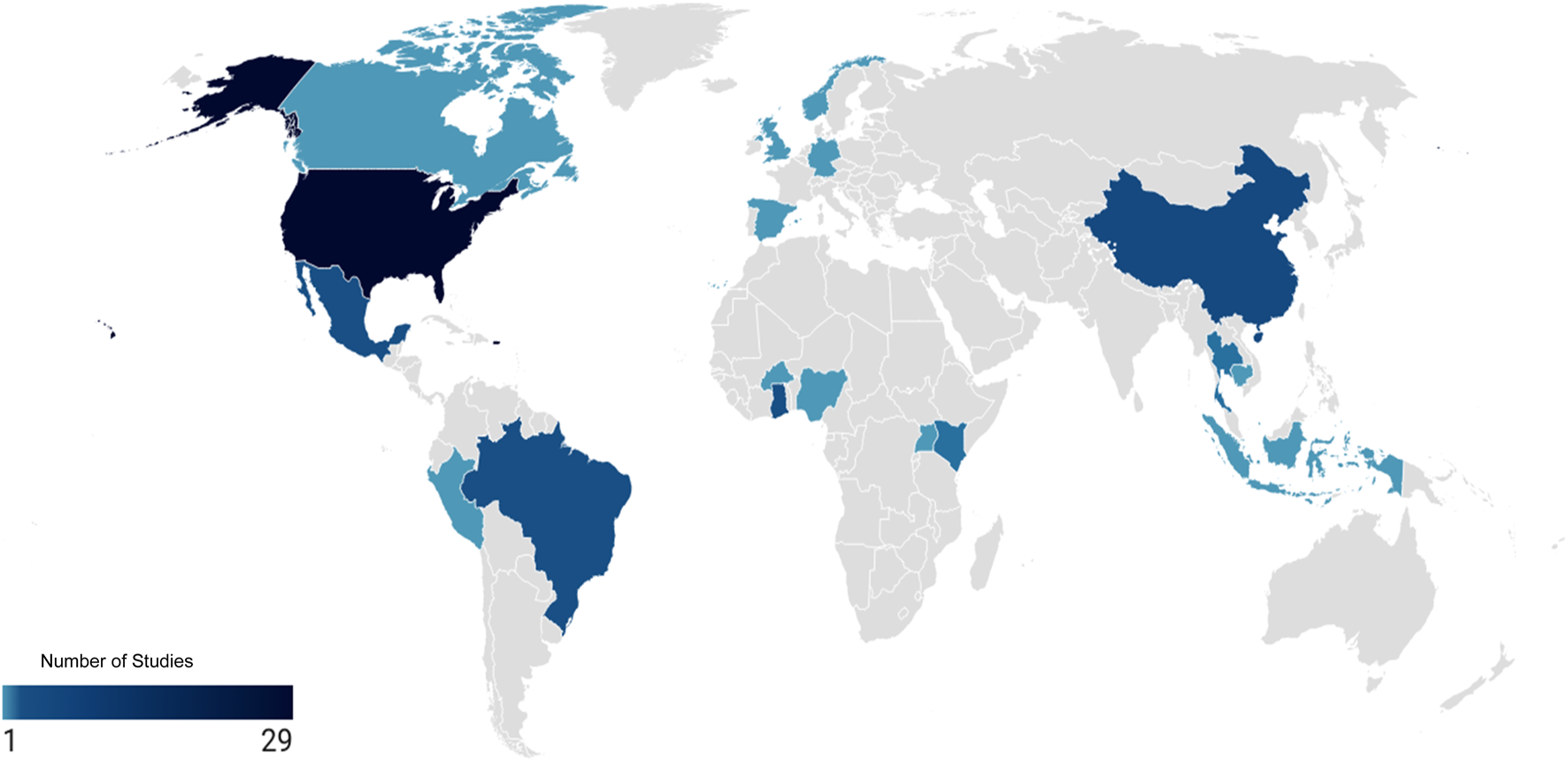 World map highlighting countries in shades of blue, representing the number of studies conducted from one to twenty-nine. The United States and China are among the most studied, indicated by darker shades.