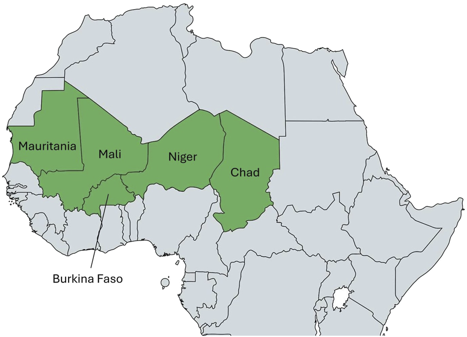 Map of Africa highlighting the former G5 Sahel countries Mauritania, Mali, Niger, Chad, and Burkina Faso in green. Surrounding nations are shown in gray.