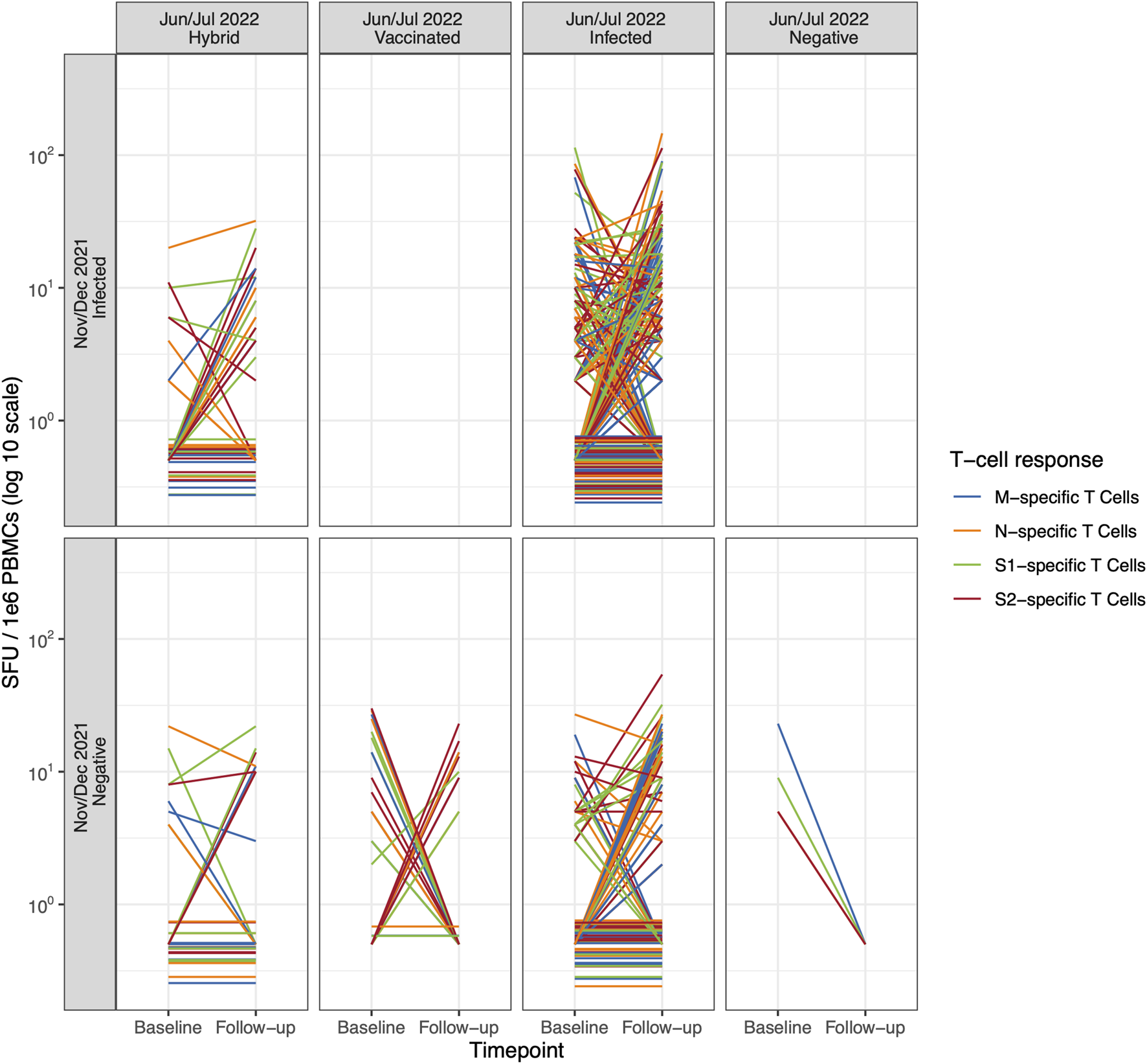 Graph showing T-cell responses across four groups: Hybrid, Vaccinated, Infected, and Negative. Each group includes infected or negative subjects from November to December 2021, with responses measured at baseline and follow-up. Lines represent M, N, S1, and S2-specific T cells, displaying varying log-scale SFU values per million PBMCs, highlighting trends in the immune response over time.