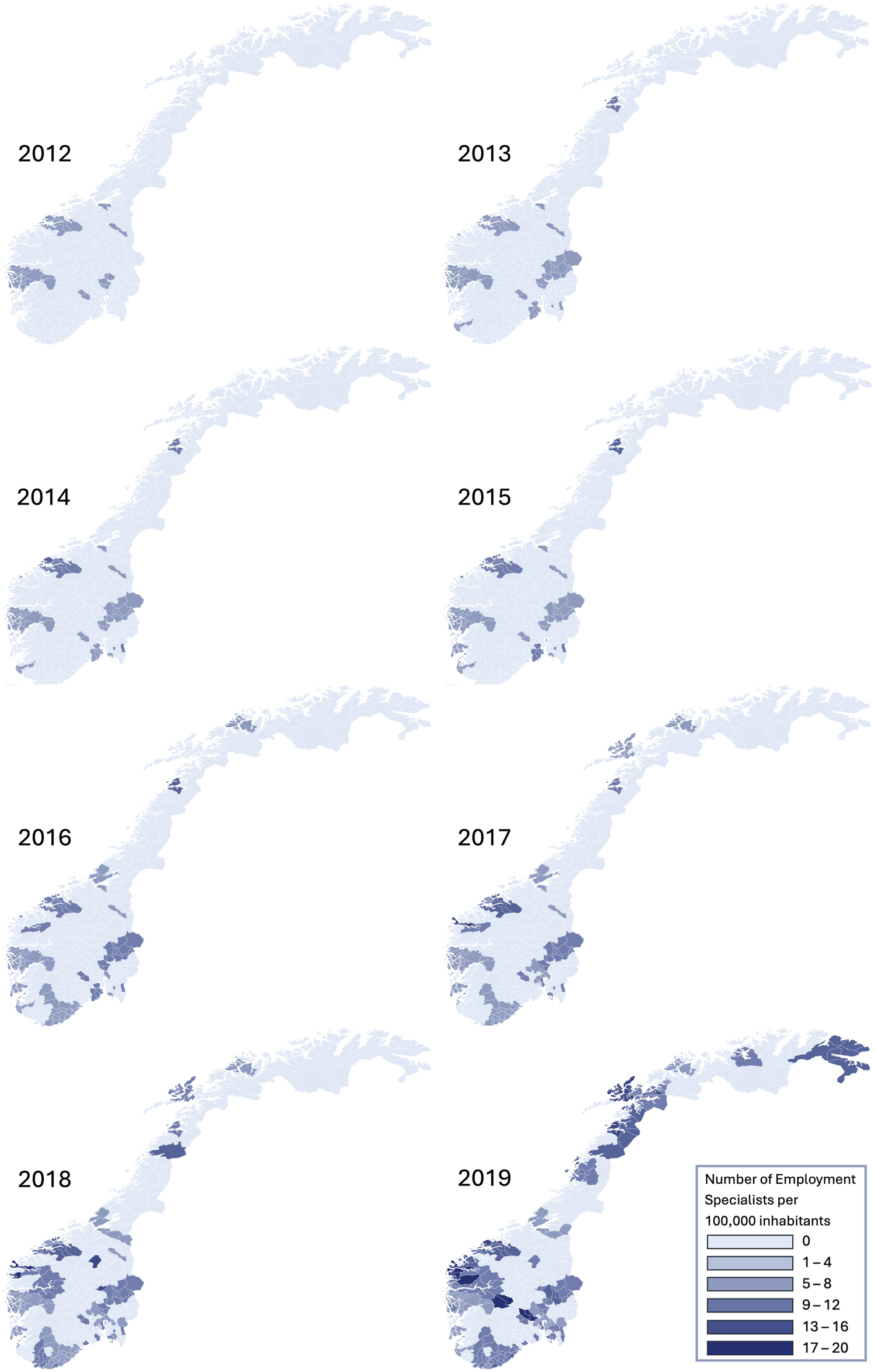Map series of Norway from 2012 to 2019, illustrating the distribution of employment specialists per 100,000 inhabitants. Darker shades indicate higher numbers. The map shows an increase in specialists over the years, particularly notable in 2019, with concentrations in the southeastern and northern regions.