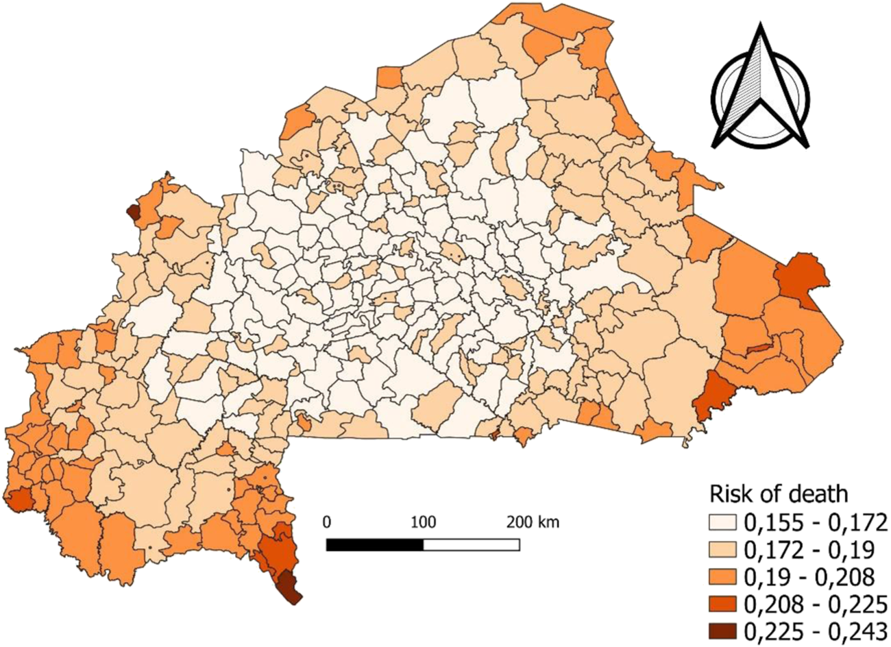 Map showing the probability of achieving the SDGs in 2030 at the municipal level based on Jenks’ discretization. The varies from 0.155 to 0.243, indicated by a gradient ranging from light beige to dark orange.